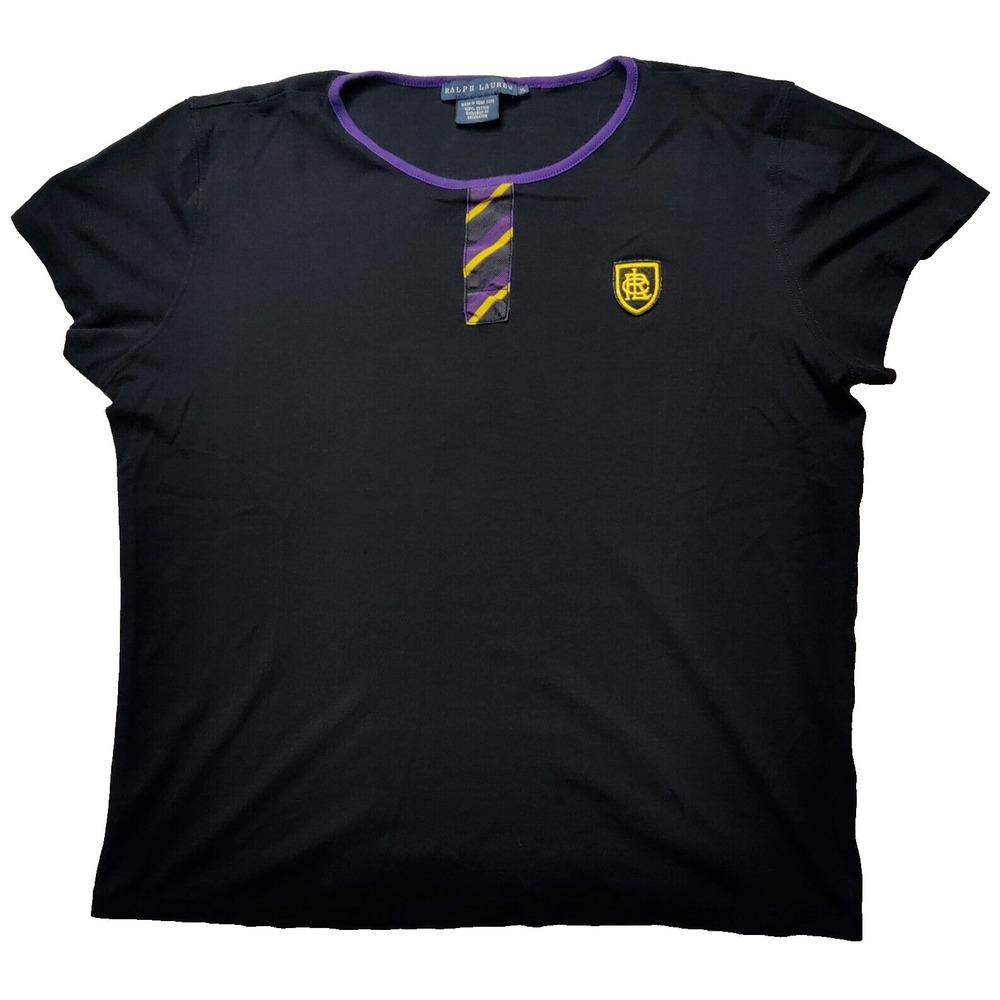 VTG POLO RALPH LAUREN‎ Women XL Black Monogramed Embellished Cotton T-Shirt